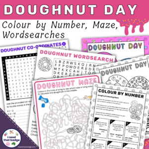 Doughnut Worksheets - Colour by Number, Maze, Wordsearches
