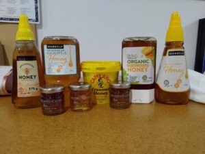 Various bottles of honey