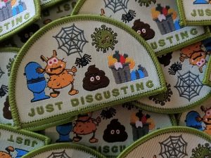 collage of badges