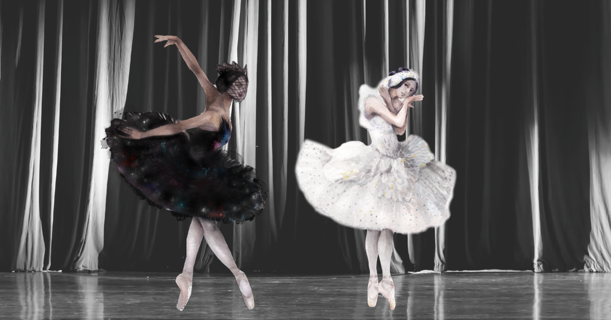 2 ballerinas representing the black and white swans